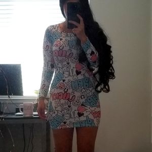 Boohoo Happy Lucky Cartoon Long Sleeve Mini Dress